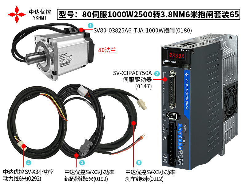 80伺服1000W2500转3.8NM6米抱闸套装65