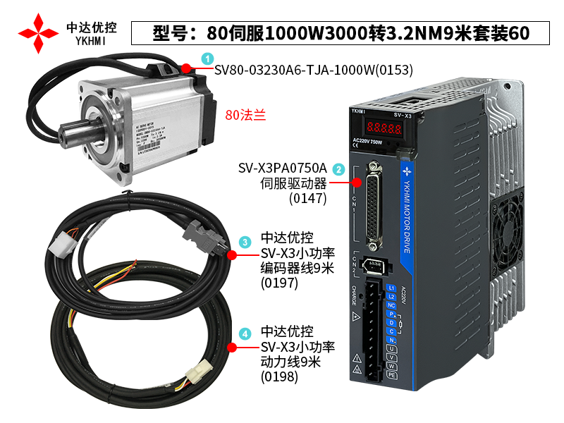 80伺服1000W3000转3.2NM9米套装60