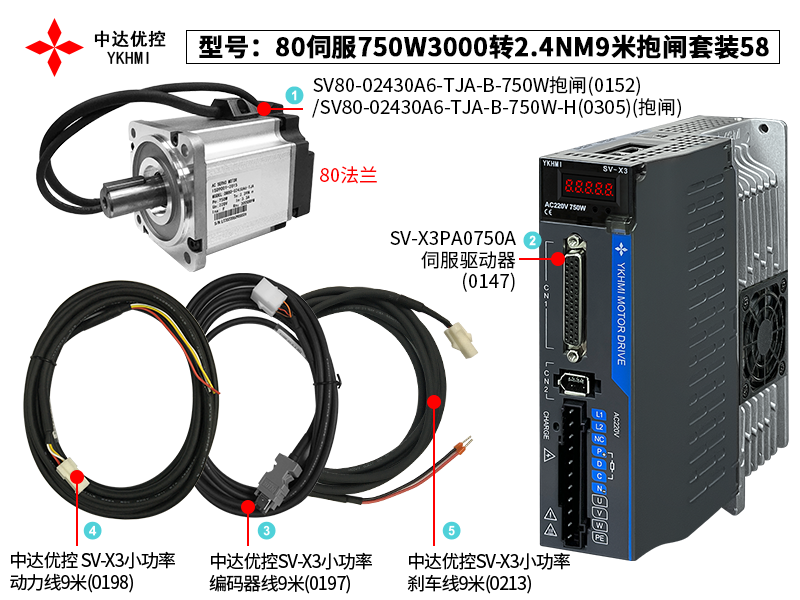 80伺服750W3000转2.4NM9米抱闸套装58