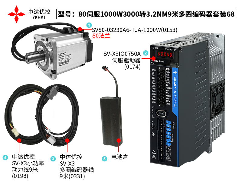 80伺服1000W3000转3.2NM9米多圈编码器套装68(0174)